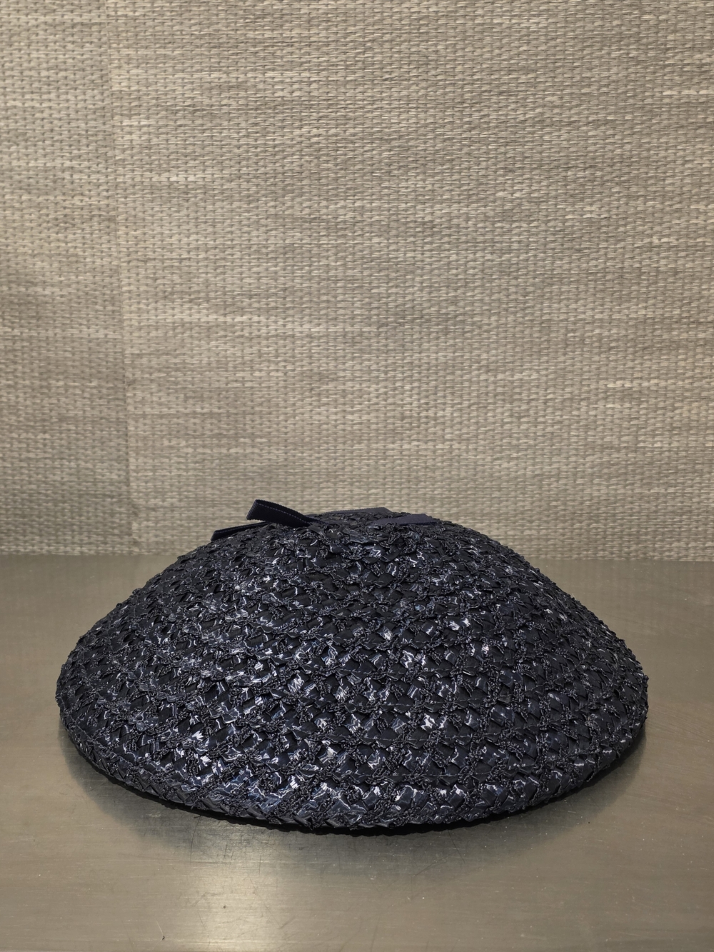 Vintage 1950s Gene Doris NY Navy Woven Straw Pancake Beret Hat Bows Union Made